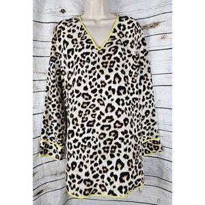 Equipment Leopard Popover Tunic Top Blouse M 100% Silk Long Sleeves V-Neck